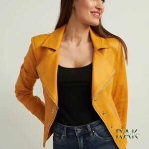 JOSEPH RIBKOFF Marigold Yellow Faux Leather Moto Jacket | S / P